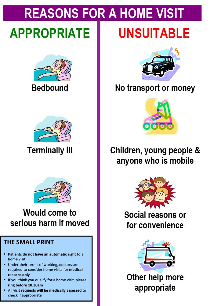 Appropriate reasons for a home visit: Bedbound, terminally ill, would come to serious harm if moved. Unsuitable reasons for a home visit: no transport or money, children, young people or anyone who is mobile, social reasons or for convenience, other help more appropriate. Small print: patients do not have an automatic right to a home visit. Under their terms of working doctors are required to consider home visits for medical reasons only. If you think you qualify for a home visit, please ring before 10.30am. All visit requests will be medically assessed to check if appropriate.